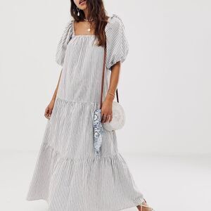 ASOS Design Cotton Tiered Striped Puff Sleeves Maxi Dress in white/Multi Size 6